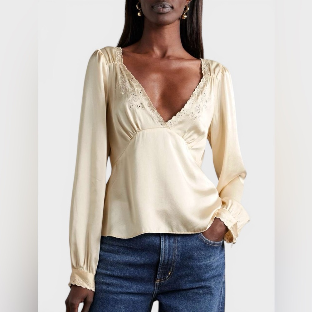 DÔEN Freyda Broderie Anglaise-Trimmed Silk-Satin Blouse in Cream | L